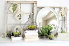 15 shabby window frames and a mirror, pages with leaves pressed and little nests filled with moss