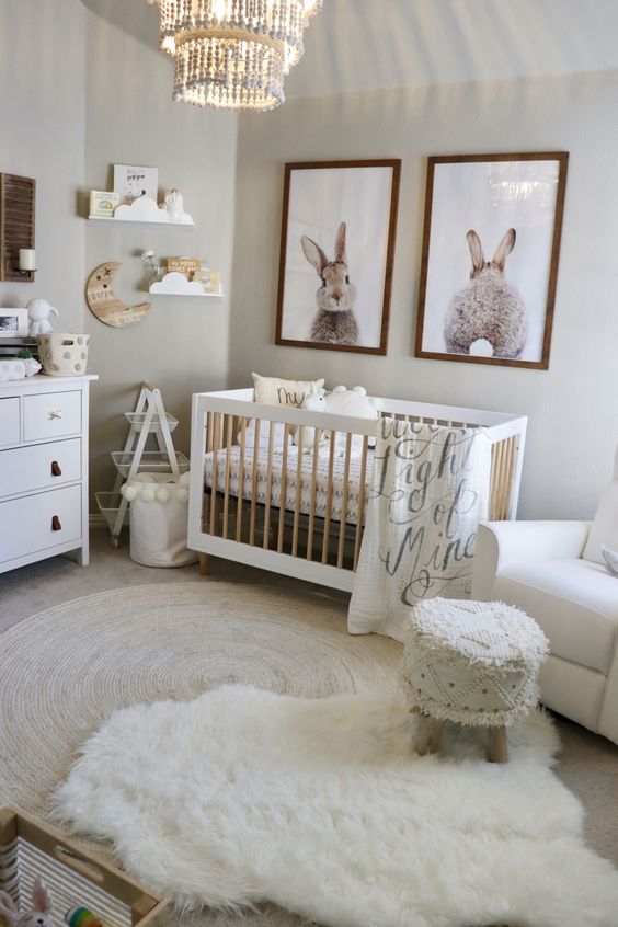 Bunny inspired gender neutral nursery with fluffy touches and cool rugs
