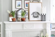 17 some spring bulbs gorwing in pots and a large bunny photo in a frame for a modern look