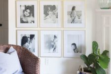 20 an elegant gallery wall in gold frames with personal family photos is ideal for any room