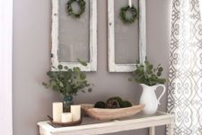 20 shabby chic windows with boxwood wreaths, fresh eucalyptus in jugs and moss balls in a wooden bowl