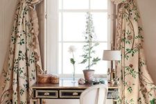 21 botanical print curtains with ruffles make this refined home office more interesting