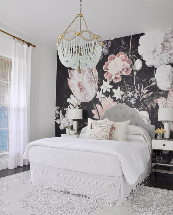 dark realistic floral wallpaper on the headboard wall can be a constant feature as it's timeless
