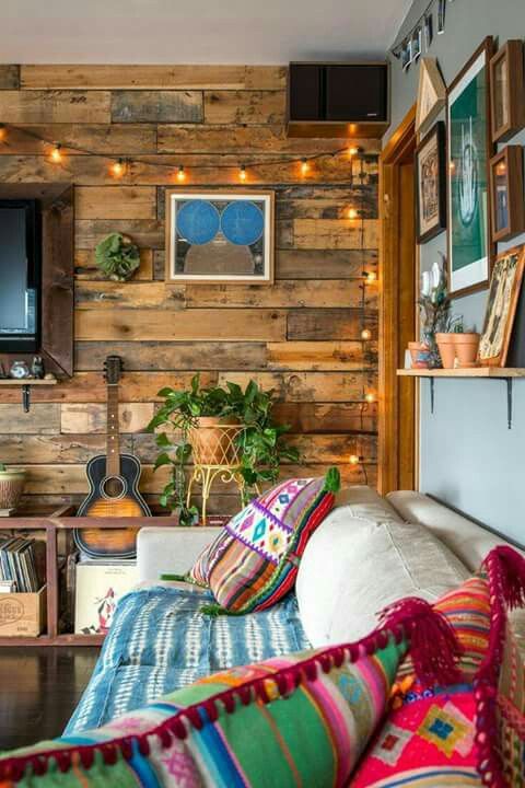 enliven a reclaimed wooden wall with string lights