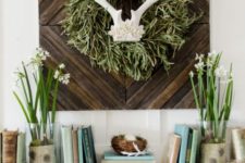 26 potted spring bulbs, faux nests with eggs and a wooden sign with antlers and grass