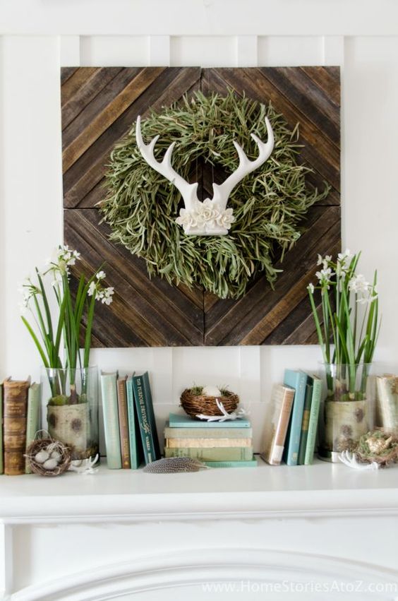 potted spring bulbs, faux nests with eggs and a wooden sign with antlers and grass