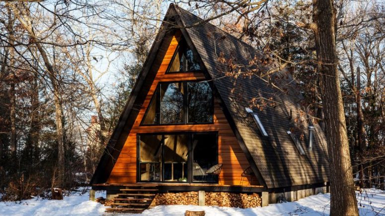 This A frame house was originally built in 1960s and is used as a summer or winter retreat