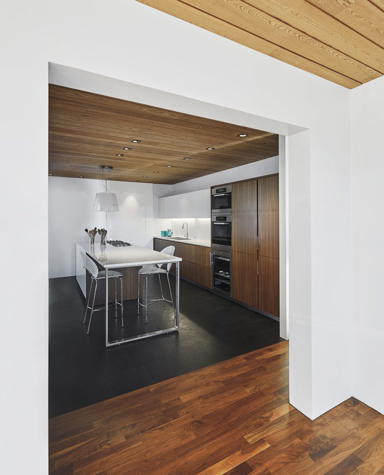 The kitchen is done with dark plywood and white sleek surfaces to make it contrasting and bold