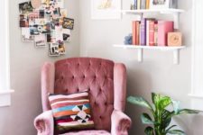 03 a pink tufted velvet wingback with a matching footrest is right what you need for a reading space