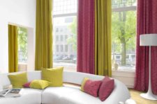 04 colorful folded draperies in neon green and pink to add color to a neutral room
