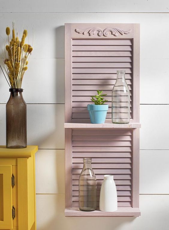a blush painted shutter with shelves is a cute idea to add country charm to any space