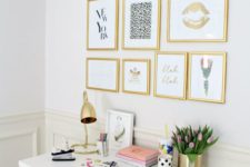 05 a girlish workspace with a gallery wall with gold frames and various girlish art