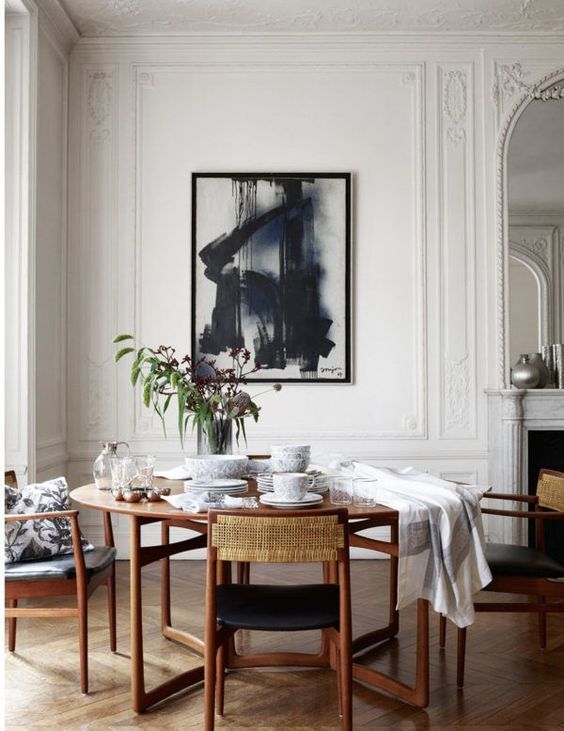 A vintage space with a mid century modern dining set and art