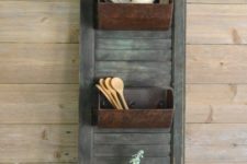 09 farmhouse storage shutter with old loaf pans for a vintage feel in your kitchen is a unique DIY project
