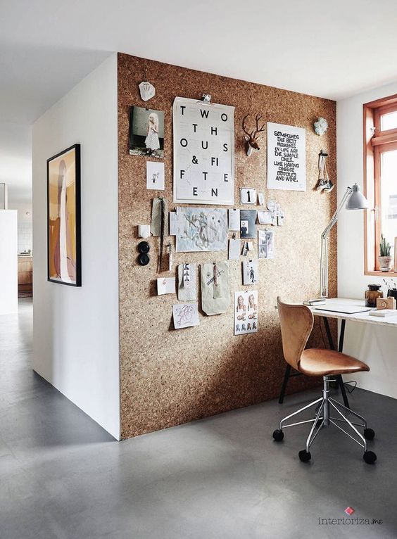 a whole cork wall will not only add warmth but will also serve as a corkboard for memos and notes