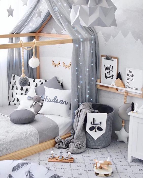 a lovely room in the shades of grey to keep the kids calm and peaceful plus make them feel at ease