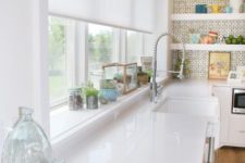 12 a semi sheer white Roman shade is an ideal solution for a kitchen or a bathroom