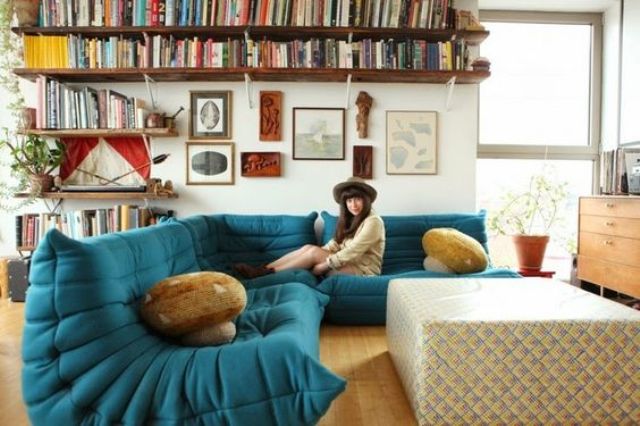 a whimsy teal bean bag style L-shaped sectional sofa for a boho chic space