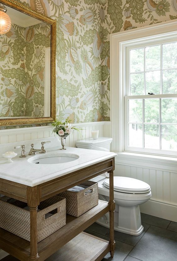 protect the wallpaper on the walls installing wainscoting to keep the walls dry