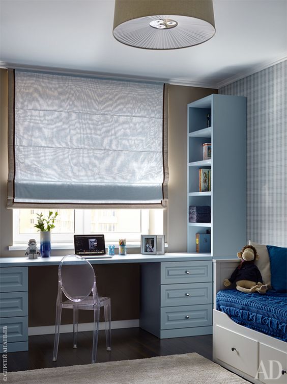 a calming and peaceful space in various shades of grey and blue is ideal not only for boys but also for girls