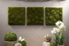 14 a moss wall art trio and a couple of balls create a fresh spring feeling in the space