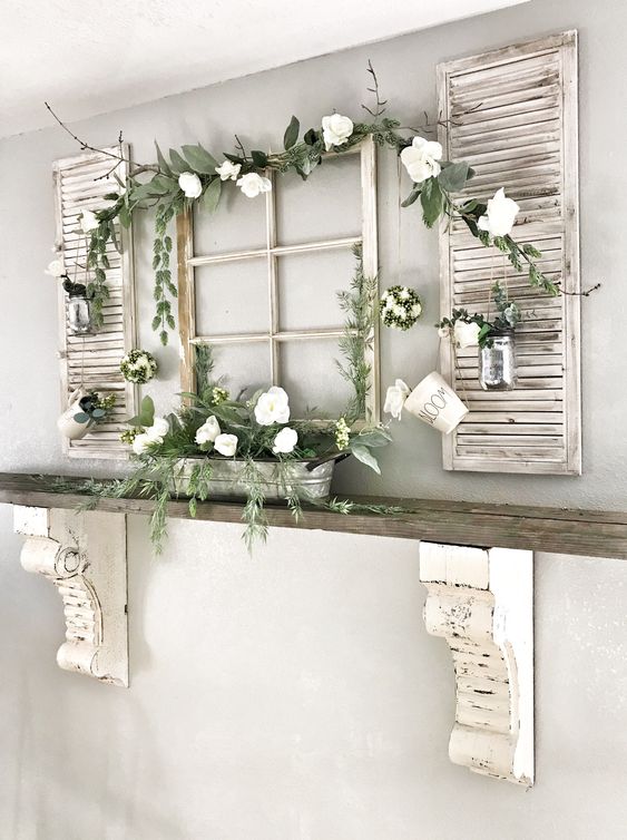 window and shutter spring decor with fresh greenery and blooms is a refreshing idea