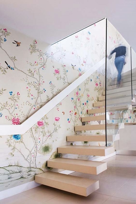 colorful flora and fauna print wallpaper will make the whole space feel airy and summer-like