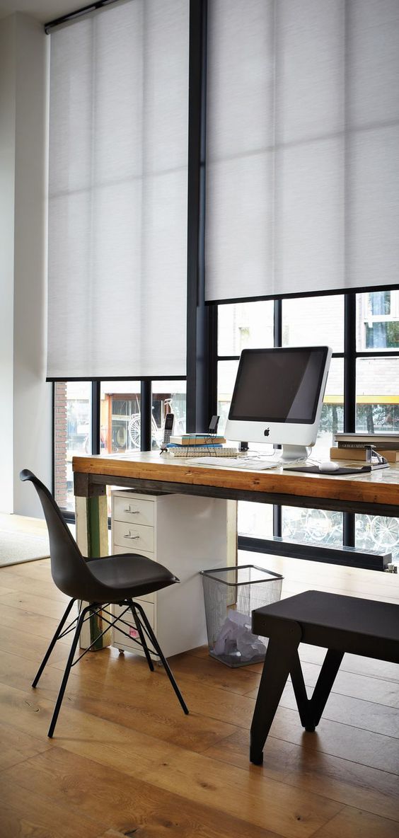highlight the style of your home office with black and white roller shades not to distract you from work