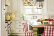 20 red and white buffalo check stools add a bright touch to the rustic kitchen