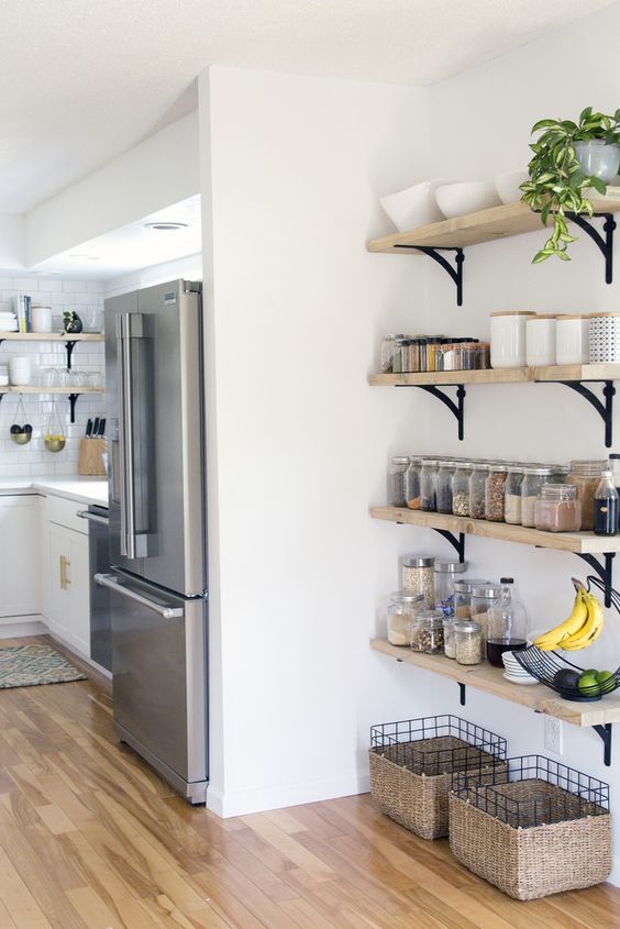 use an awkward corner for storage, attach some open shelves to the wall
