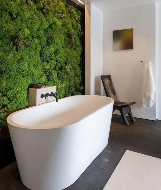a living moss wall makes a modern bathroom more natural and cool