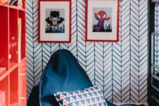 24 a cool nook with a bean bag chair, colorful super hero posters and a bold bookshelf