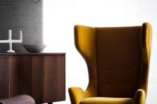 24 a mustard velvet wingback styled as in the 1950s is ideal for a mid-century modern space