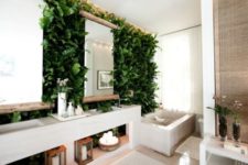 25 a modern bathroom with a lush living wall and wood to give it a natural feel