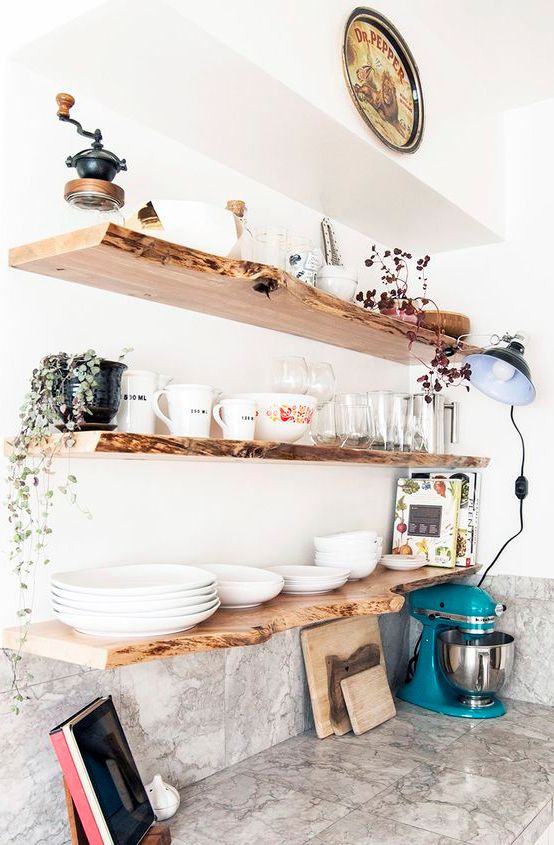 make open shelving more interesting with a live edge like here