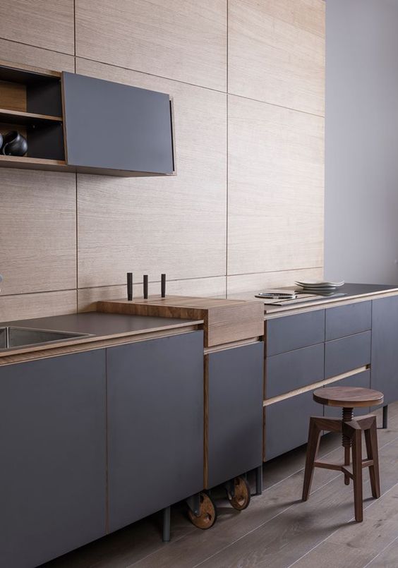 minimalist blue kitchen cabinets on legs and casters for easier rearranging them around the space
