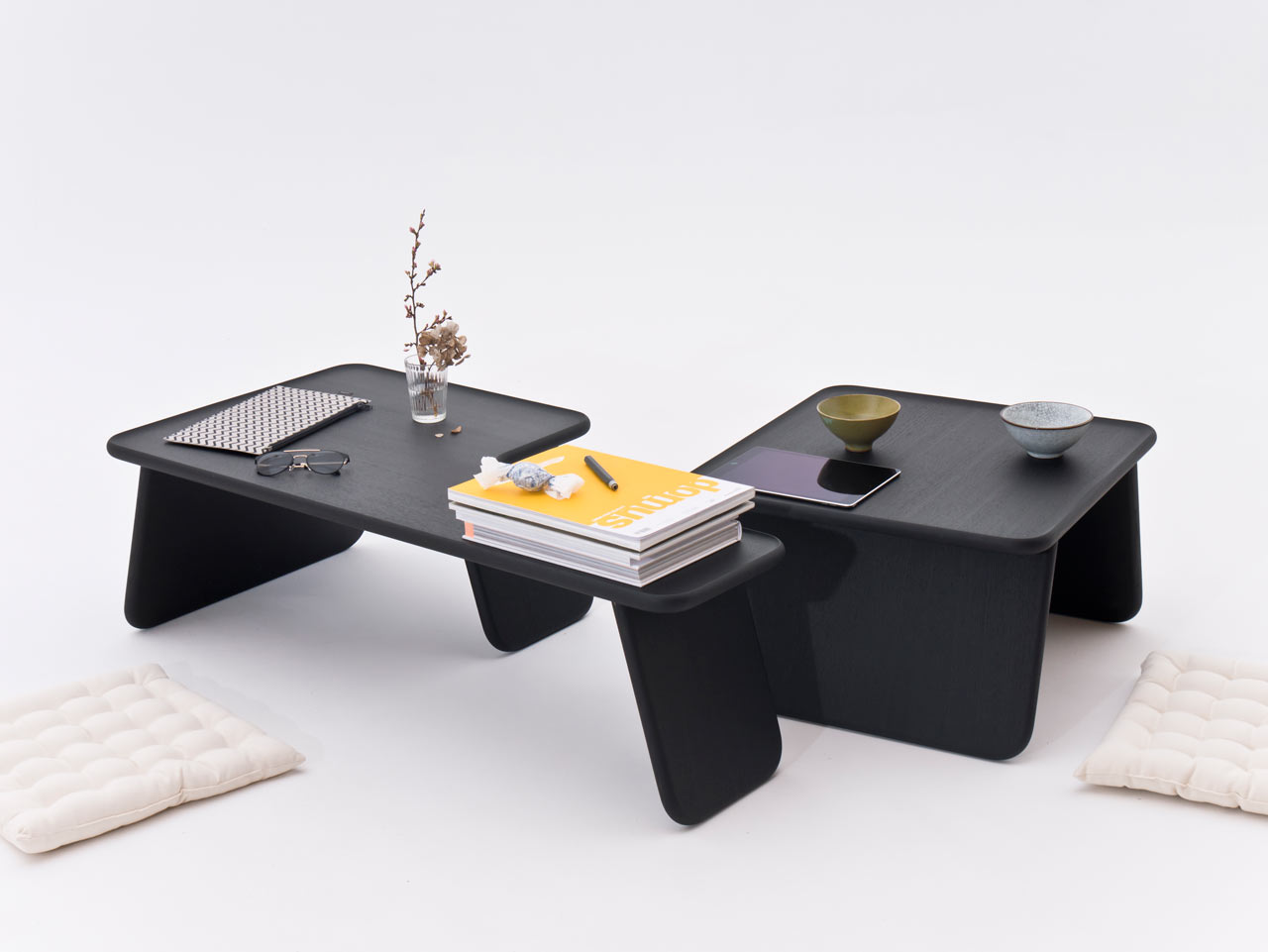 The Bento Tray table collection is inspired by Japanese bento trays and features Japandi aethetics