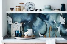 02 making a watercolor wallpaper backsplash is a great idea to add an edgy touch to the kitchen