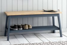 03 a modern take on a usual bench with a wooden top and an additional open shelf
