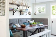 07 a cozy dining nook with floating shelves over it and cool pendant lamps