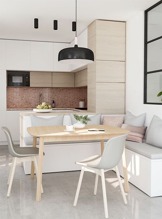 a modern kitchen done in white and pastels is a cool and non-boring idea to try