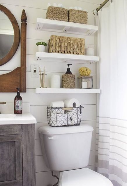 floating shelves over the toilet is timeless classics for a small bathroom, it always works