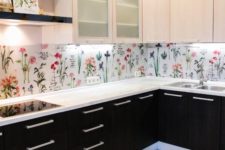 11 a monochromatic kitchen receives a bold floral print and more interest with it with a wallpaper backsplash