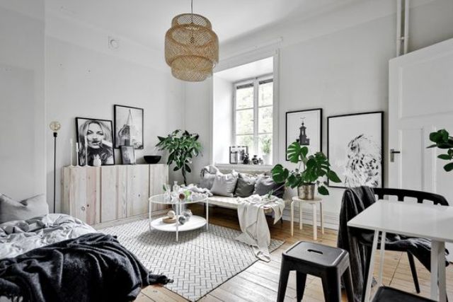 a Scandinavian apartment done in black and white for a timeless and stylish look
