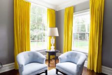 minimalist living room design with yellow curtains
