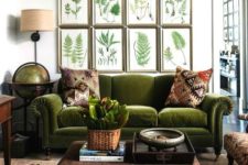 14 a combo of green velvet, greenery gallery wall and browns makes this space feel natural and welcoming