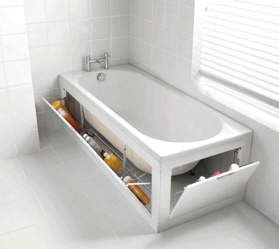 bathtub screens hiding some chemicals are a great idea for hidden storage to declutter the space