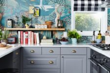 17 the whole kitchen done with the same colorful wallpaper that makes a bold statement and look
