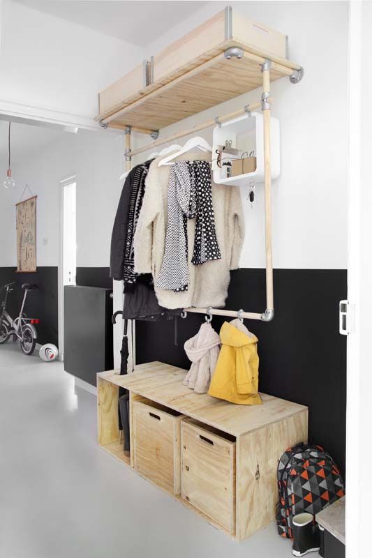 a plywood storage bench with an open compartment and drawers is a practical solution