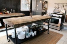 19 a table with metal legs and a shelf on casters and a reclaimed wooden tabletop can be used as a table, too